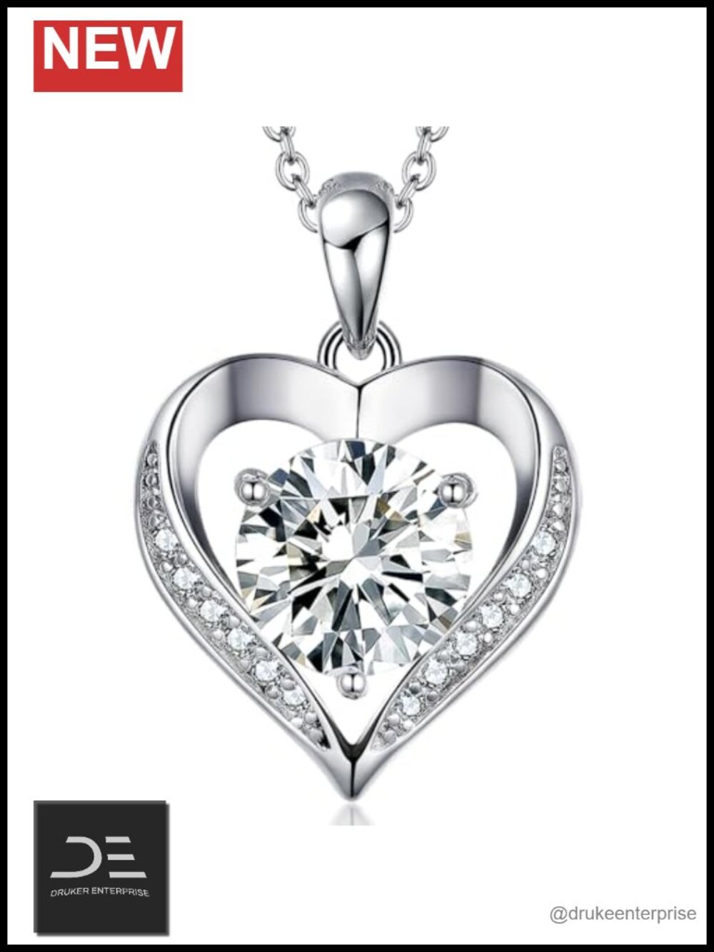 Moissanite Heart Pendant Necklace Sterling Silver 'I Love You' Engraved
